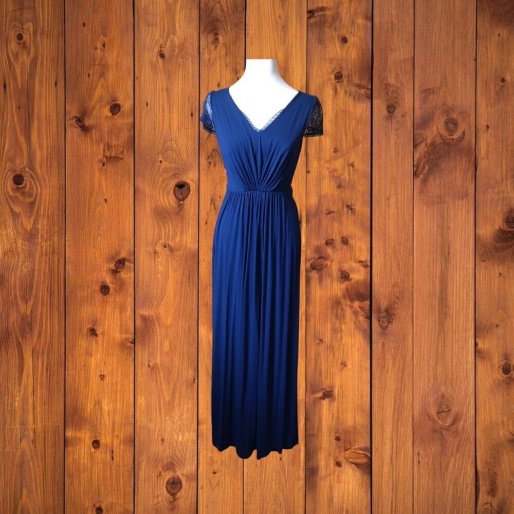 Mark. Lace Accent Blue Maxi Dress Gathered Waist Size Small Maxi Short Sleeve